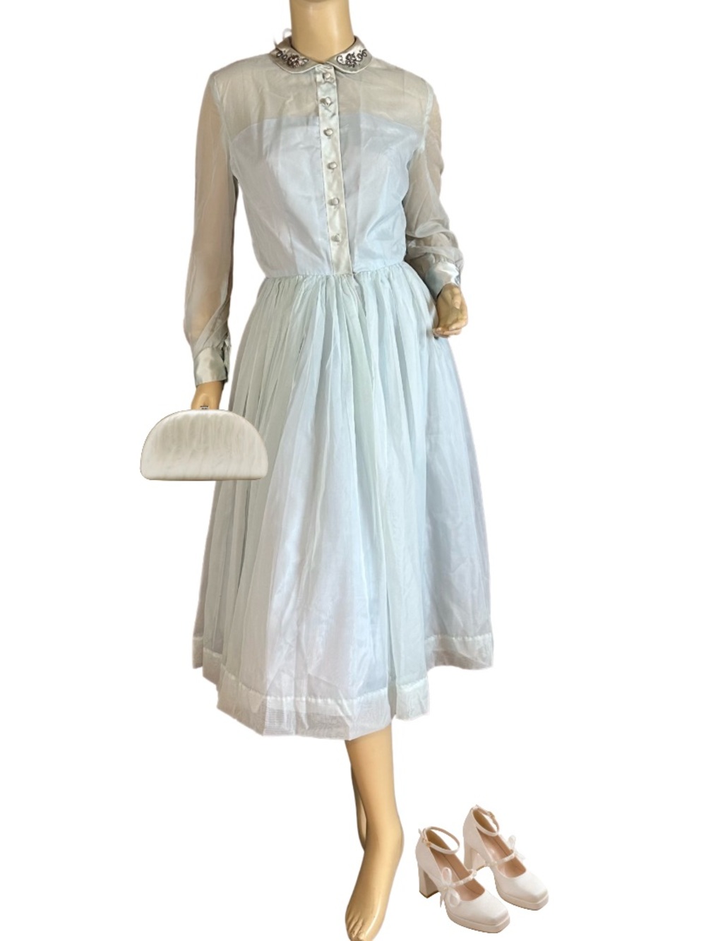 VINTAGE 1950'S LIGHT MINTY BLUE W/RHINESTONE COLLAR PARTY DRESS (S)